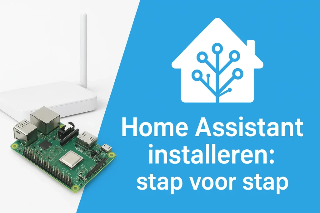 Banner met een Raspberry Pi en router naast een blauw vlak met het Home Assistant-logo en de tekst: Home Assistant installeren: stap voor stap.