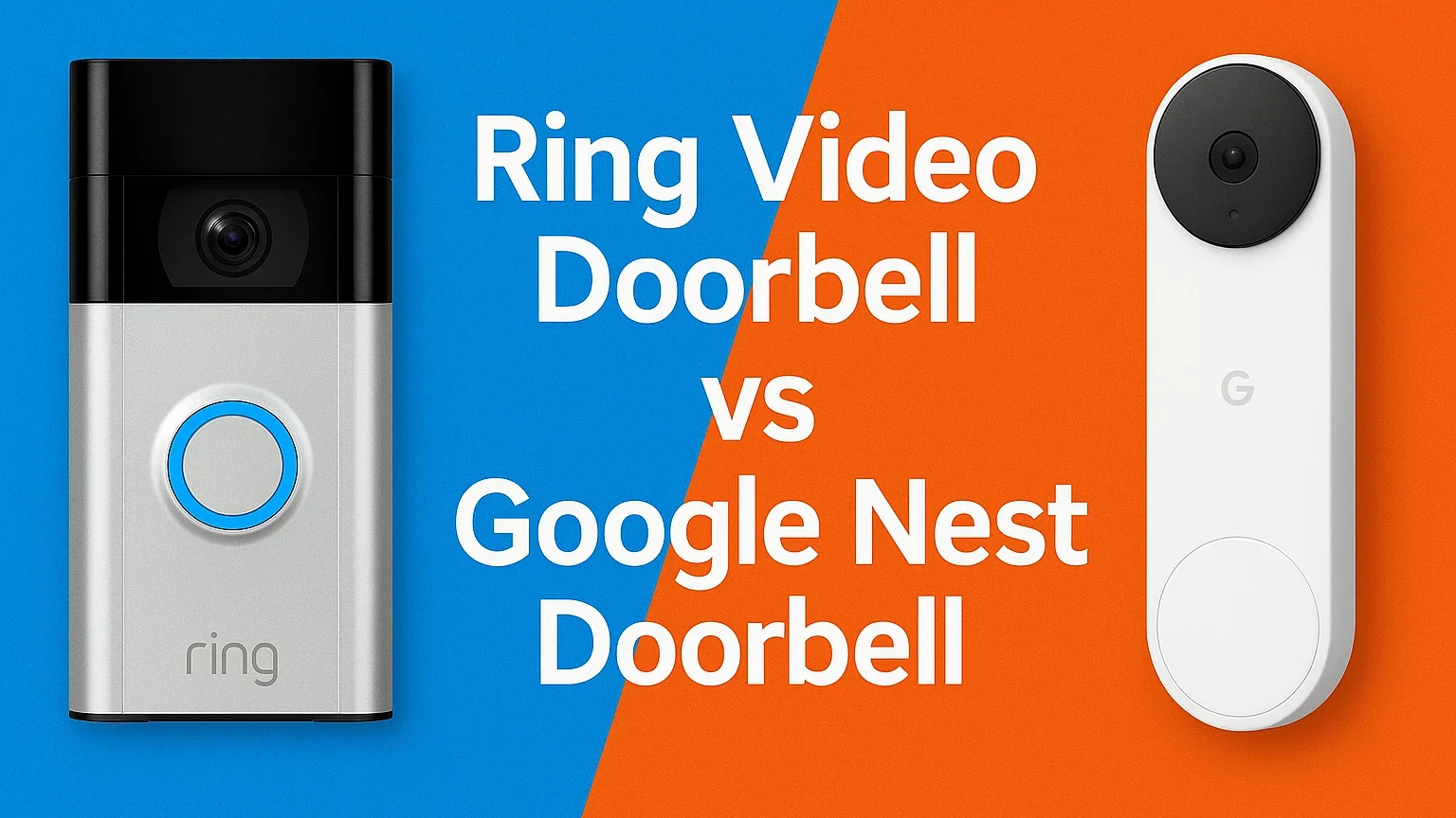 Vergelijking tussen Ring Video Doorbell en Google Nest Doorbell – kleurrijke banner met beide slimme deurbellen naast elkaar, blauwe en oranje achtergrond, titel in witte letters