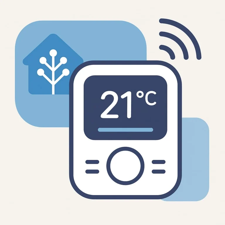 Illustratie van een slimme thermostaat met temperatuurweergave van 21 graden en wifi-symbool, gekoppeld aan Home Assistant.