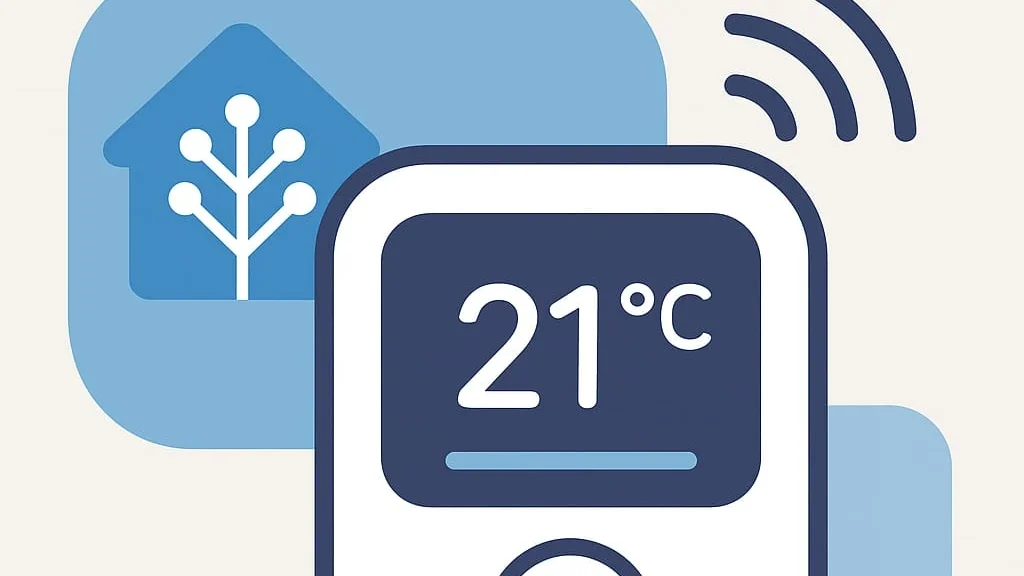 Illustratie van een slimme thermostaat met temperatuurweergave van 21 graden en wifi-symbool, gekoppeld aan Home Assistant.