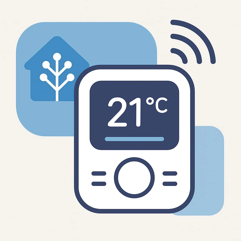 Illustratie van een slimme thermostaat met temperatuurweergave van 21 graden en wifi-symbool, gekoppeld aan Home Assistant.