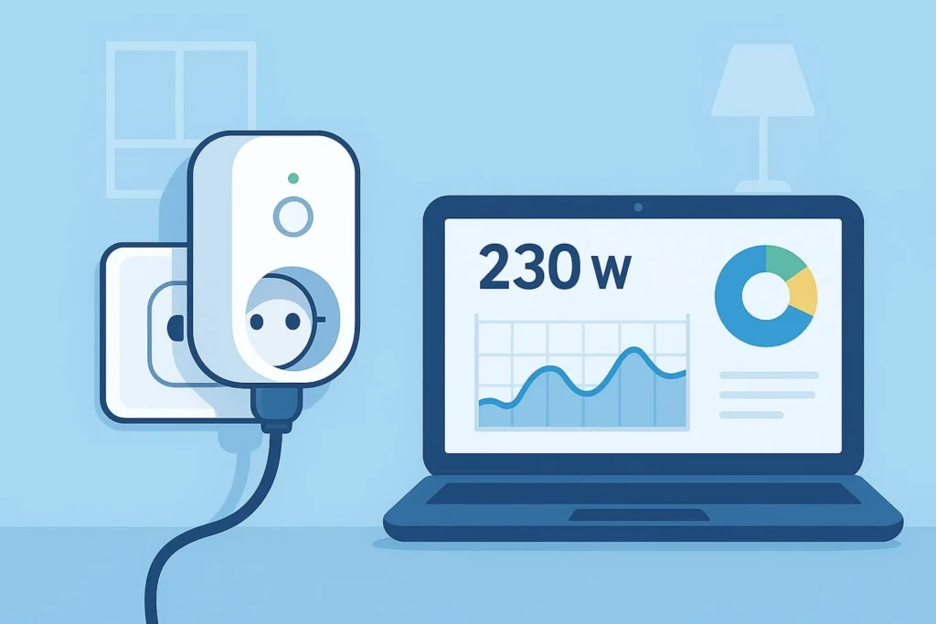 Slimme stekker meet energieverbruik en toont 230 watt op laptop met grafiek en cirkeldiagram