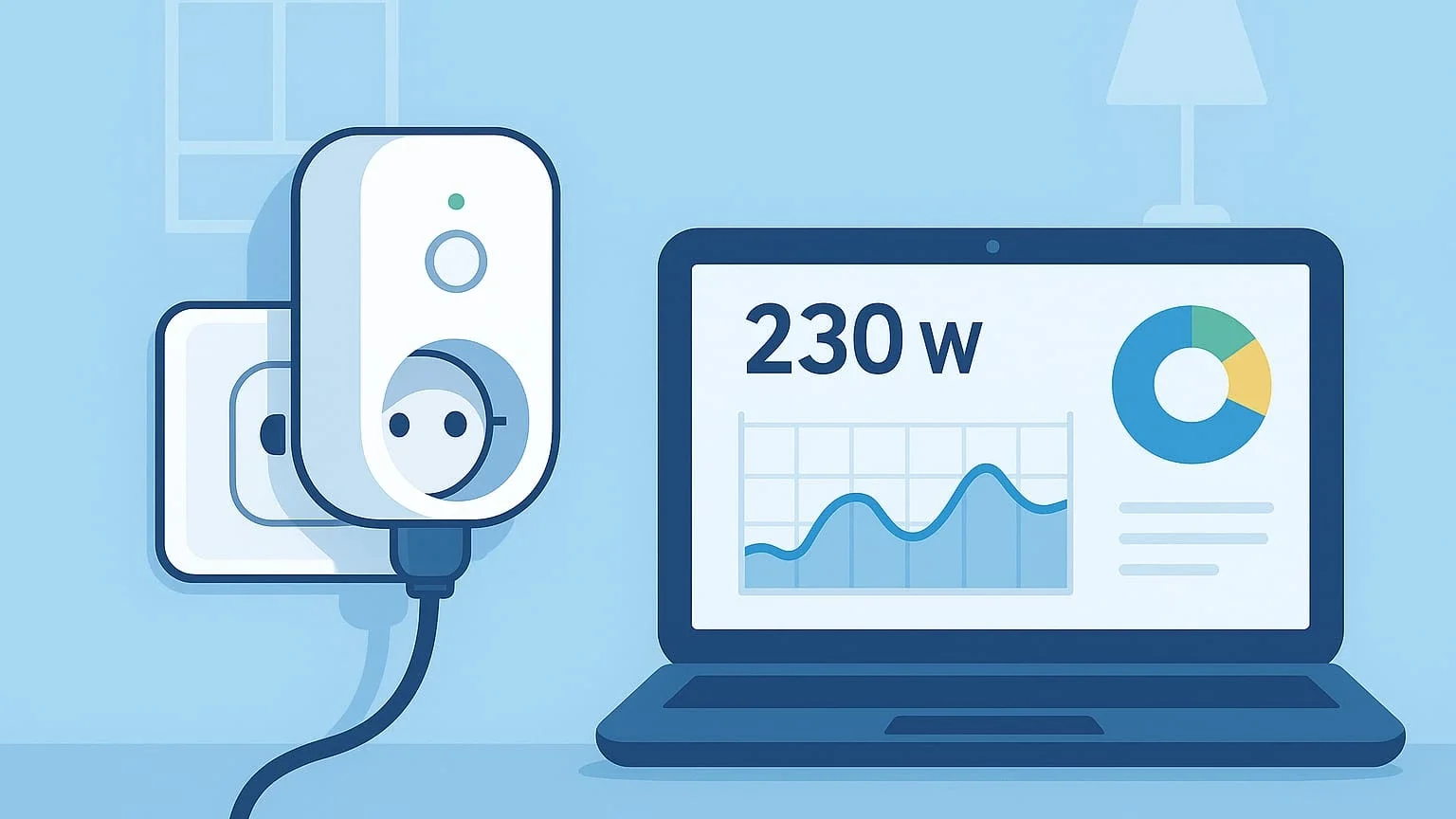 energieverbruik slimme stekker - Slimme stekker meet energieverbruik en toont 230 watt op laptop met grafiek en cirkeldiagram