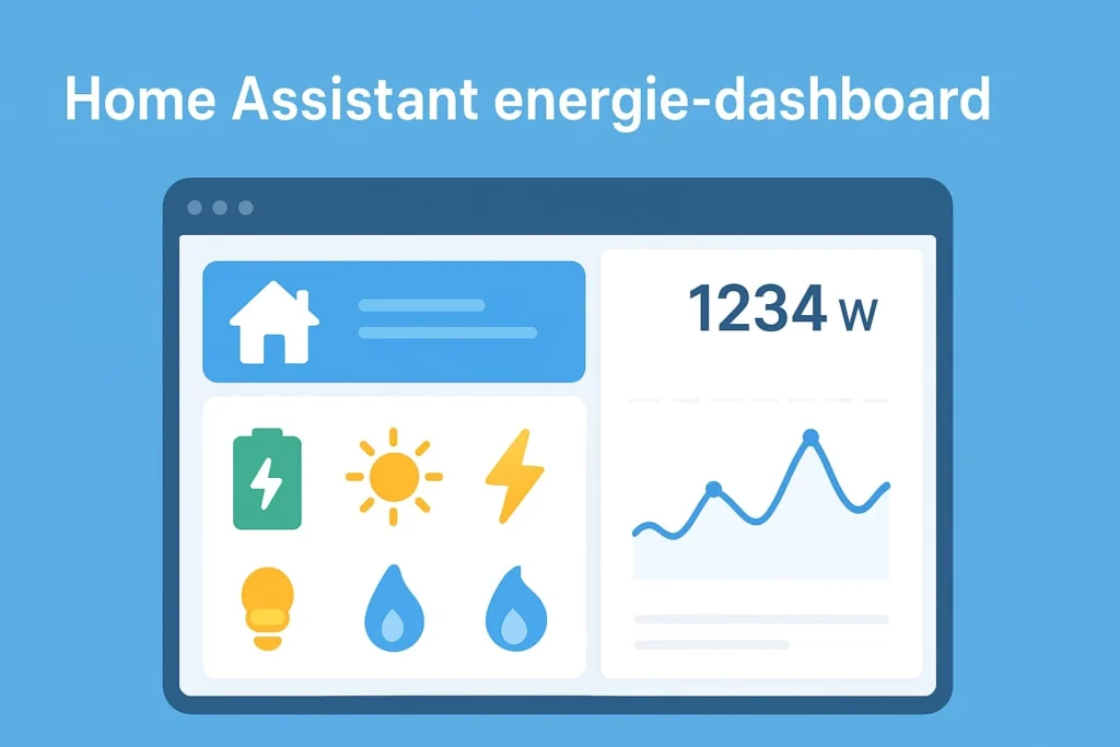 Illustratie van het Home Assistant energie-dashboard met iconen voor stroom, gas, zonnepanelen en een grafiek die het actuele energieverbruik toont.