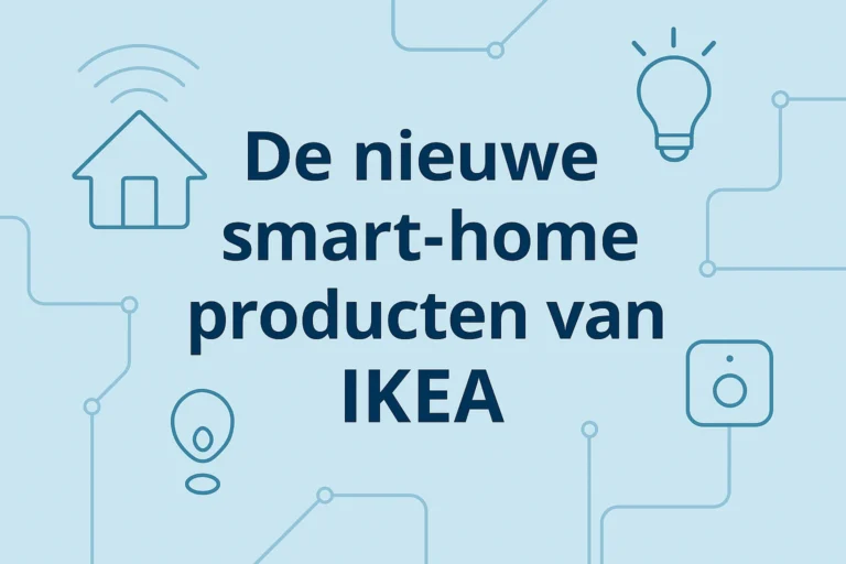 “Banner met tekst ‘De nieuwe IKEA smart-home producten’ in een abstracte smart-home stijl met iconen en lichtblauwe achtergrond.