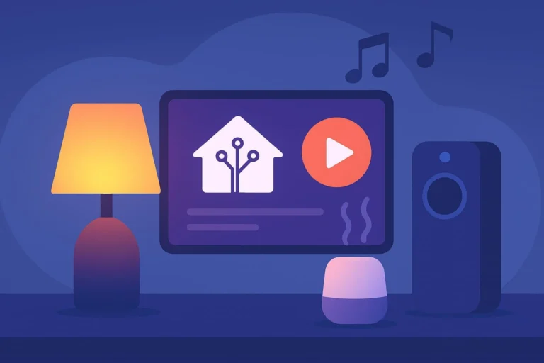 Illustratie van een slimme woning-setup met Home Assistant interface op een scherm, sfeerverlichting, speaker, muziekiconen en een geurdiffuser die samen een geautomatiseerde scène voorstellen.