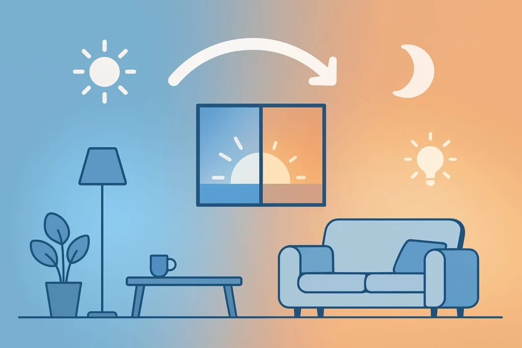 Illustratie van een woonkamer waarin slimme verlichting automatisch aanpast aan zonsopkomst en zonsondergang – blauw licht bij dag en warm licht bij avond, symbool voor dynamische verlichting met Home Assistant.