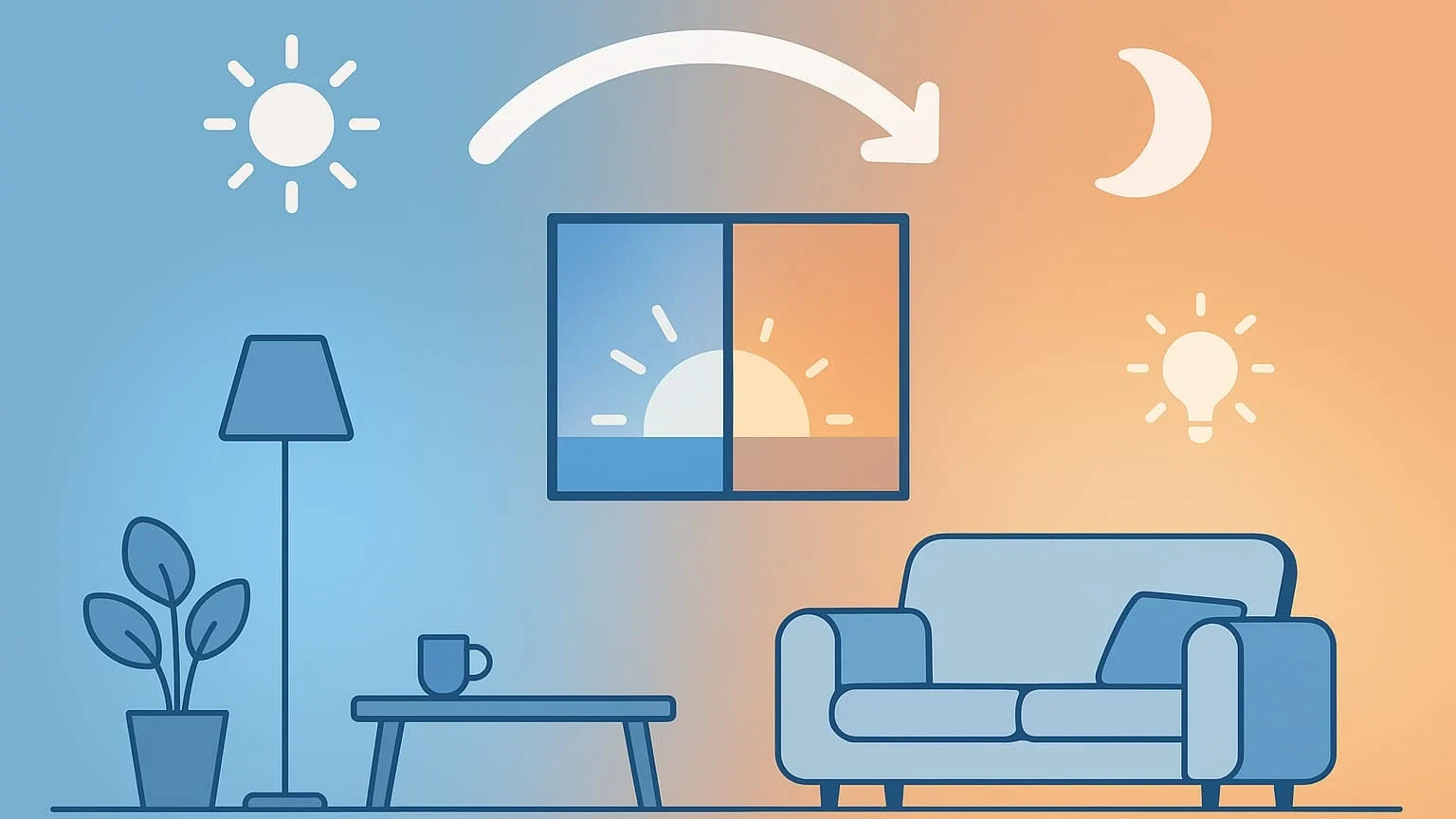 Illustratie van een woonkamer waarin slimme verlichting automatisch aanpast aan zonsopkomst en zonsondergang – blauw licht bij dag en warm licht bij avond, symbool voor dynamische verlichting met Home Assistant.