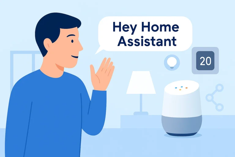 Man saying “Hey Home Assistant” to a smart speaker in a living room with smart-home icons.