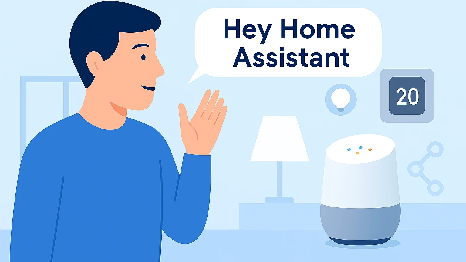 Man saying “Hey Home Assistant” to a smart speaker in a living room with smart-home icons.