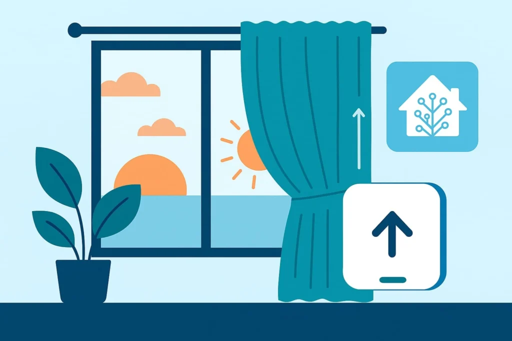 Illustratie van een raam met zonopkomst en zonsondergang, een half geopend gordijn en Home Assistant-icoon, symbool voor slimme gordijnen en automatisering.