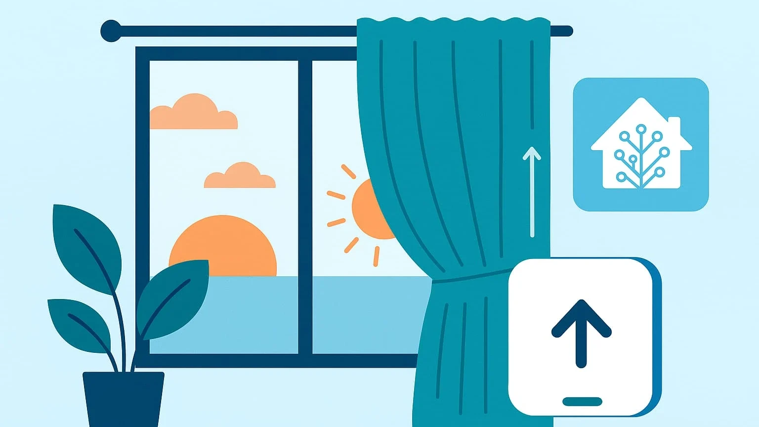 Illustratie van een raam met zonopkomst en zonsondergang, een half geopend gordijn en Home Assistant-icoon, symbool voor slimme gordijnen en automatisering.