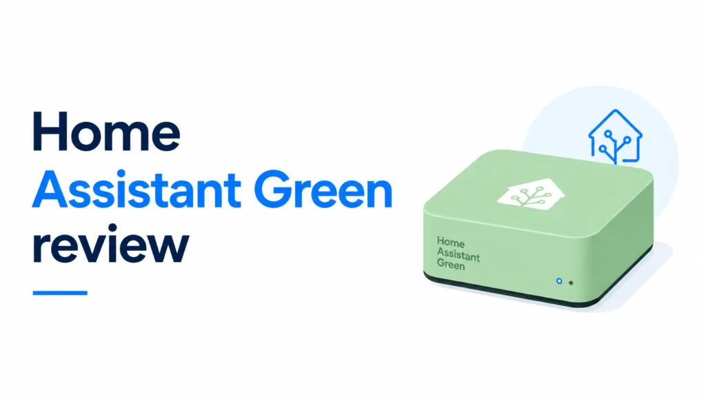 Home Assistant Green review met illustratie van de officiële Home Assistant Green smart home-hub.