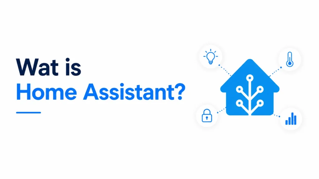 Wat is Home Assistant? Illustratie van een slim huis met Home Assistant als centraal smart home-platform.