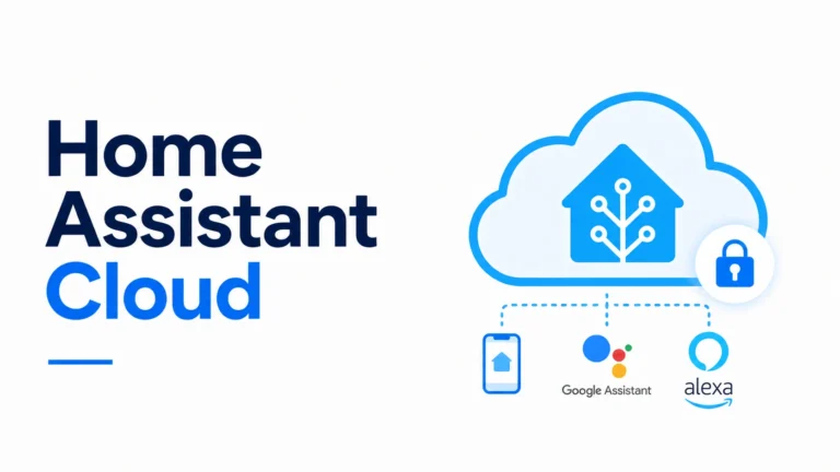Home Assistant Cloud uitgelegd met illustratie van een cloud en het Home Assistant-logo voor veilige externe toegang en spraakbesturing.